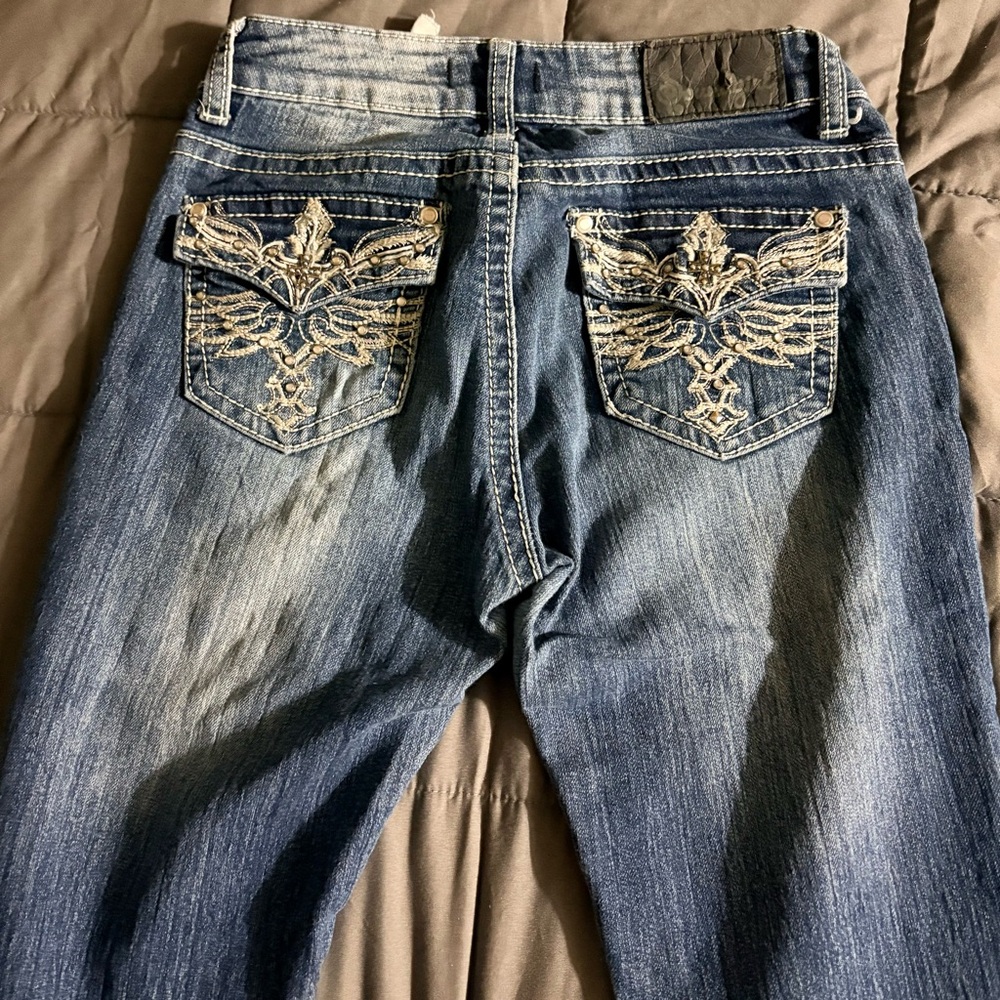 Soundgirl Jeans Women’s 5x32 Blue Bootcut Embellished Cross & Wings EUC